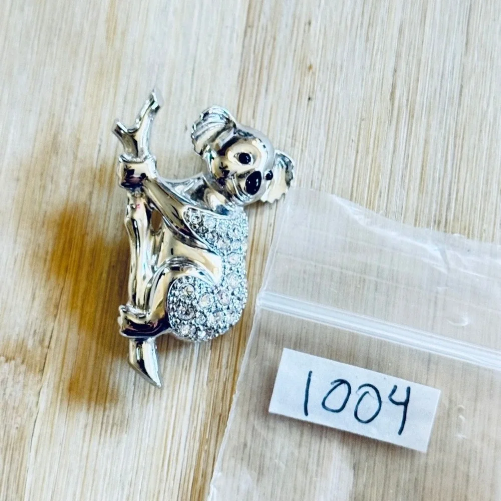 Swarovski Koala Pin Brooch Swan Signed Pave Crystal Rhinestone Silver Figural